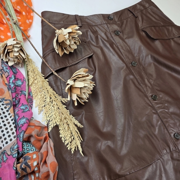 Banana Republic Brown Faux Leather Midi A-line Skirt Sz 16 - Picture 2 of 8